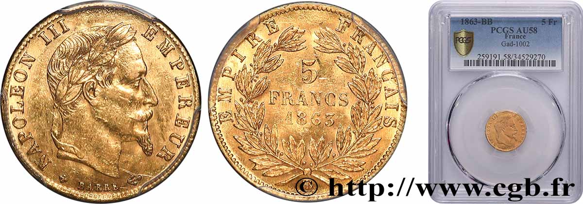 5 francs or Napoléon III, tête laurée 1863 Strasbourg F.502/4 AU58 PCGS