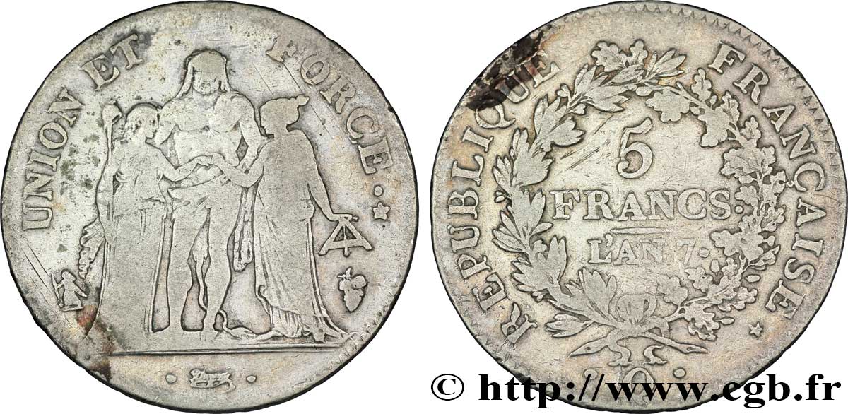 5 francs Union et Force, Union serré, seulement gland extérieur 1799 Perpignan F.288/118 TB18 