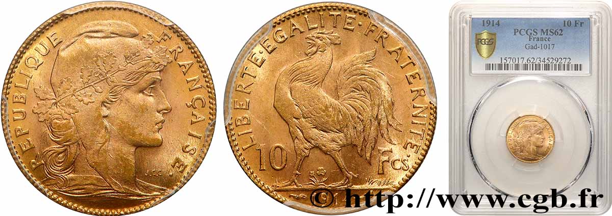 10 francs or Coq 1914 Paris F.509/14 MS62 PCGS