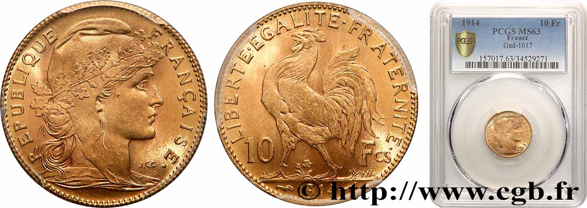 10 francs or Coq 1914 Paris F.509/14 MS63 PCGS