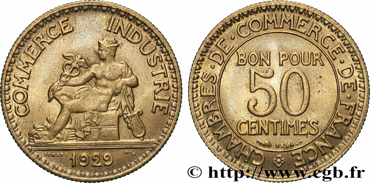 50 centimes Chambres de Commerce 1929 Paris F.191/11 VZ60 