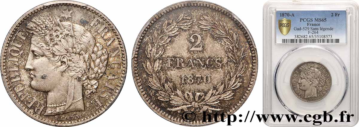 2 francs Cérès, sans légende 1870 Paris F.264/1 MS65 PCGS