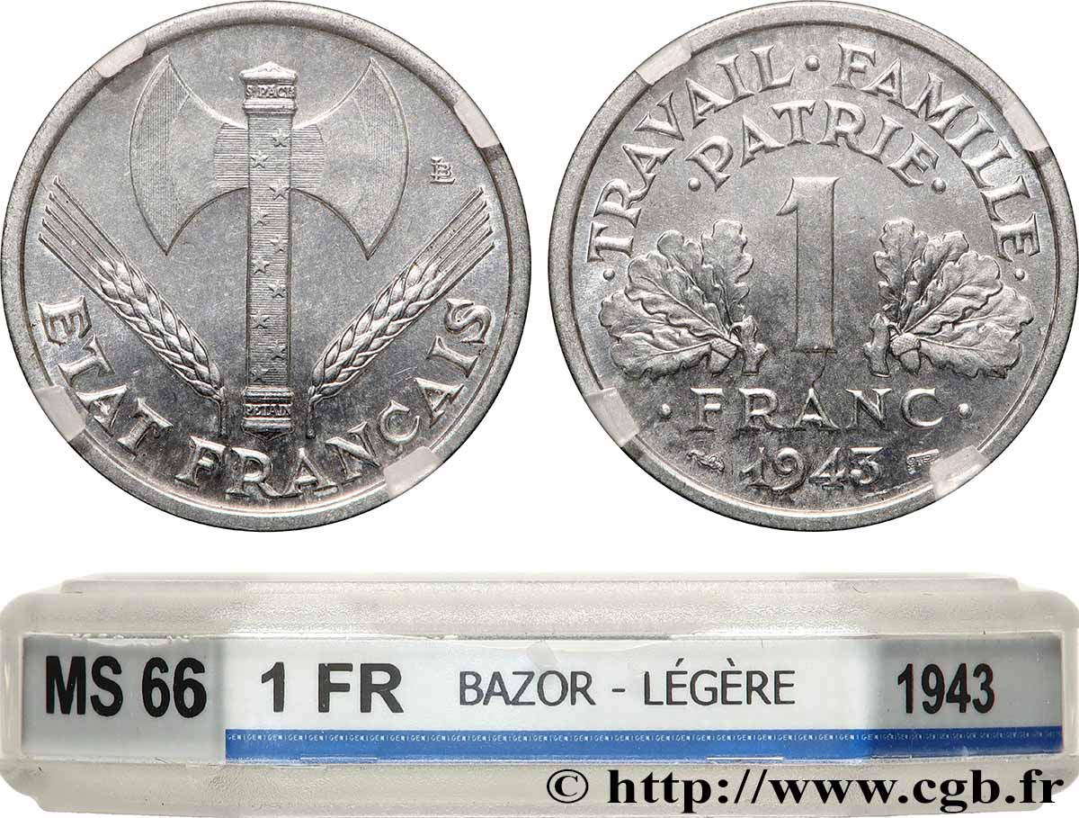 1 franc Francisque, légère 1943  F.223/3 MS66 GENI