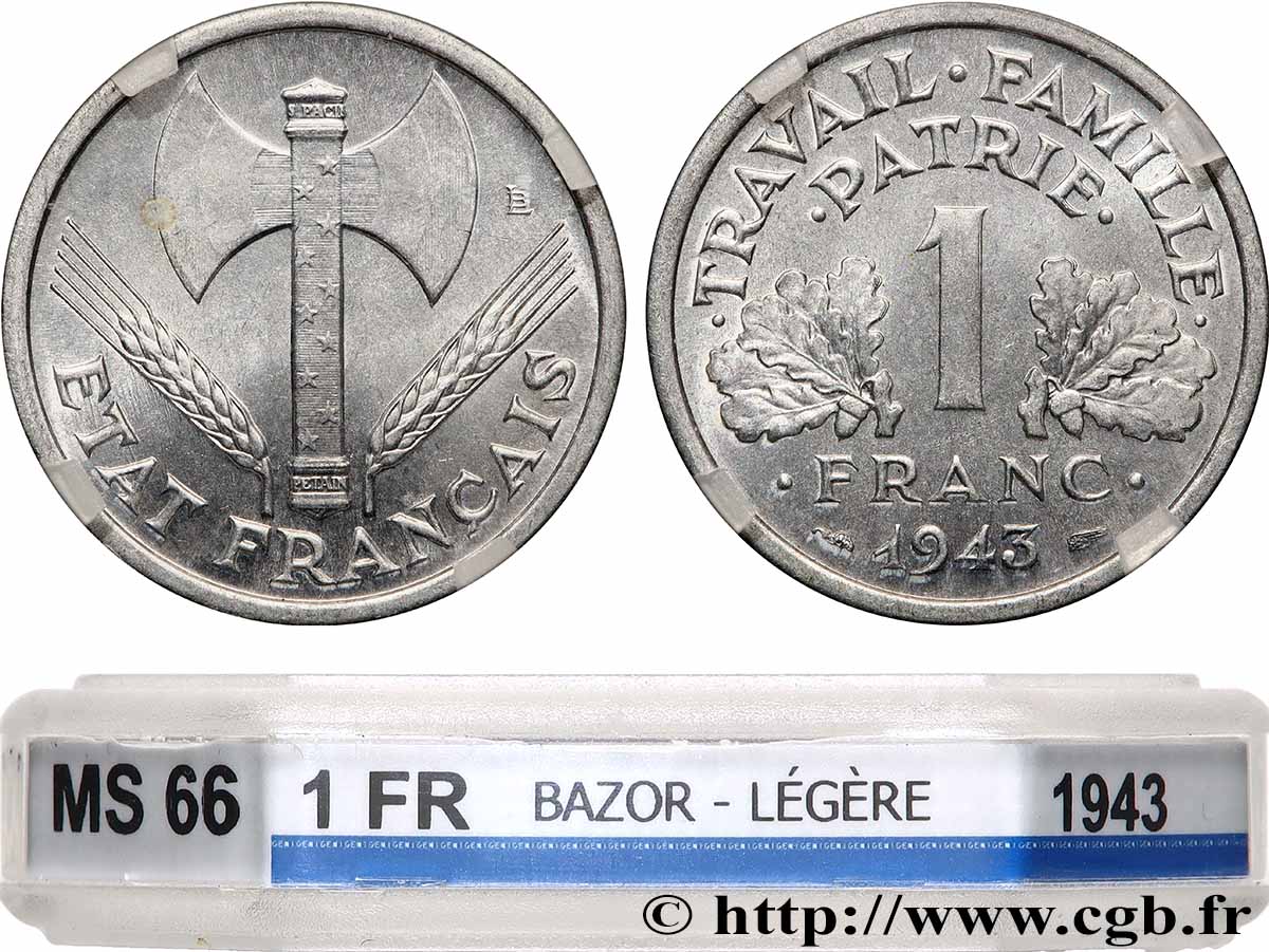 1 franc Francisque, légère 1943  F.223/3 FDC66 GENI