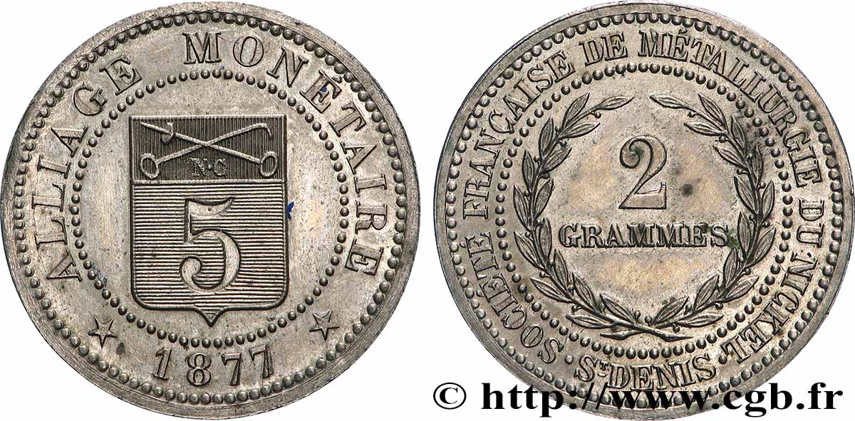 Essai d’alliage de 5 centimes 1877  GEM.257 1 SUP 