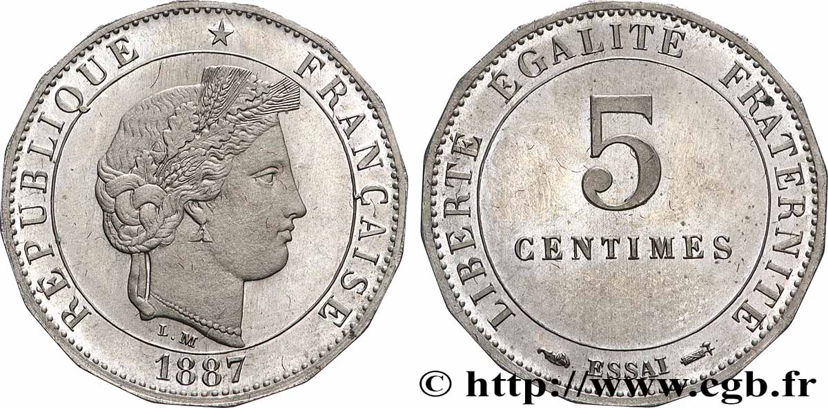 Essai de 5 centimes Merley, 16 pans, exemplaire sans lettre d’atelier 1887 Paris GEM.13 2 SPL63 