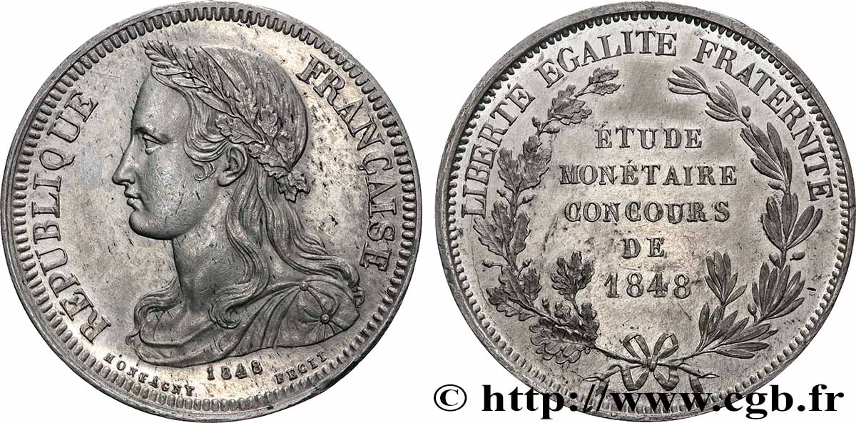 Concours de 5 francs, essai en étain par Montagny, frappe monnaie 1848 Paris VG.3087 var. SUP 