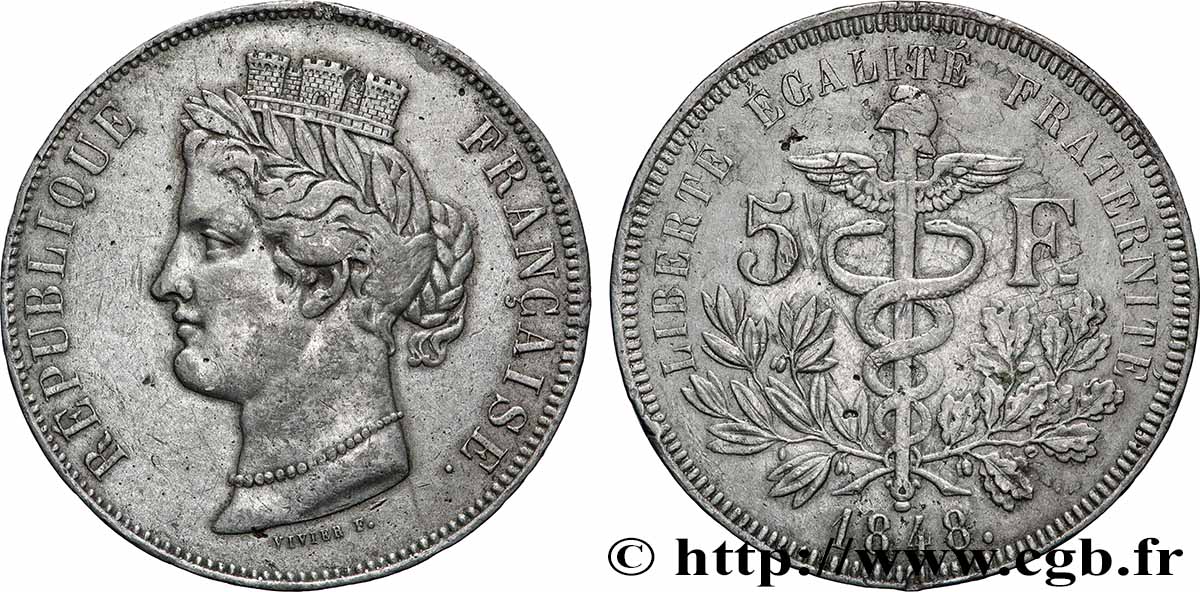 Concours de 5 francs, essai en étain par Vivier 1848 Paris VG.3095 var. XF 