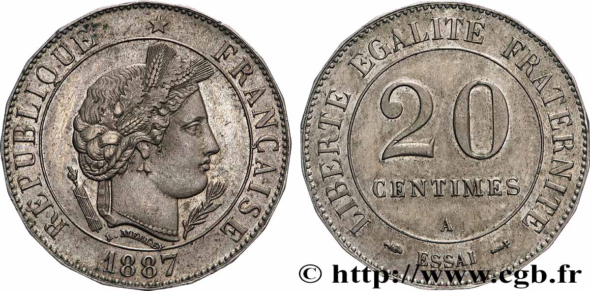 Essai de 20 centimes Merley, tranche à 20 pans 1887 Paris GEM.50 4 EBC 