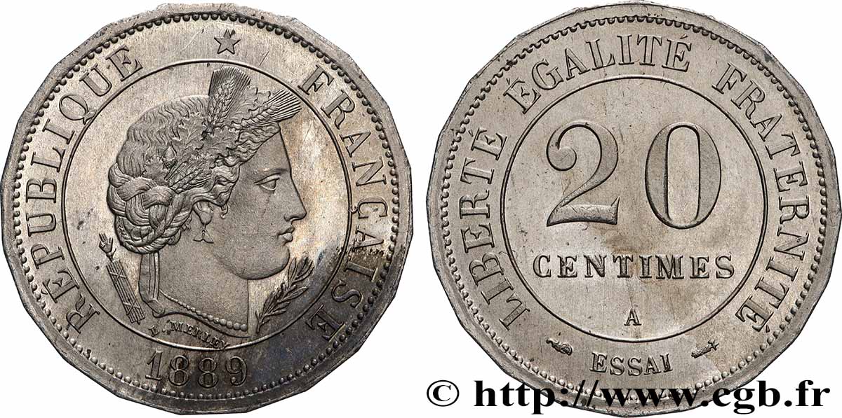 Essai de 20 centimes Merley, tranche à 20 pans 1889 Paris GEM.50 13 var. EBC+ 