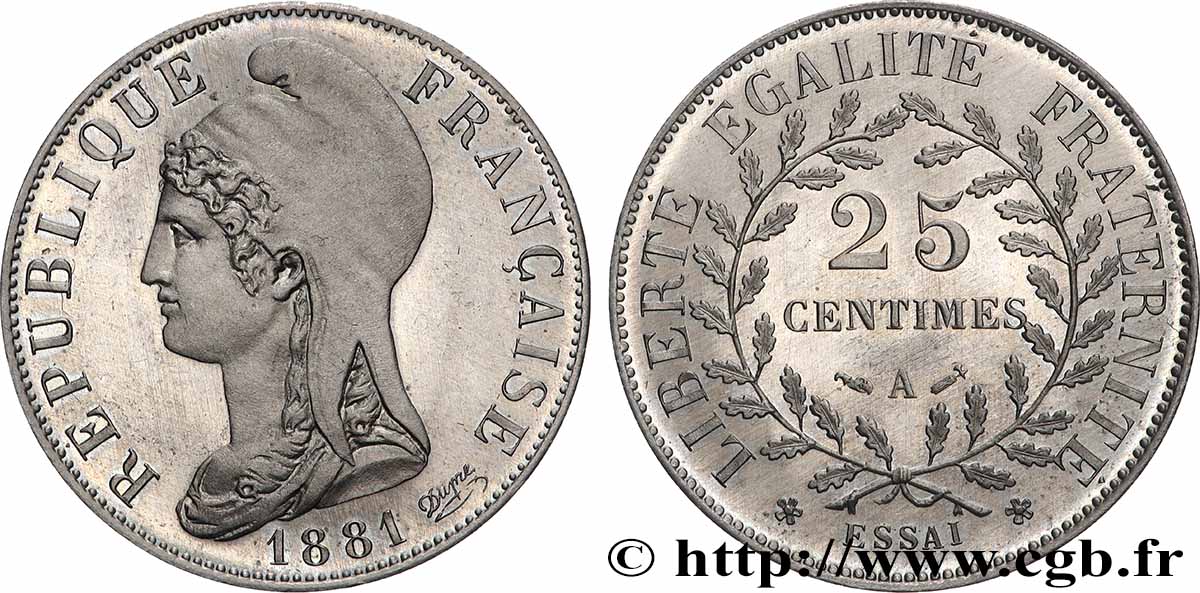 Essai de 25 centimes d’après Dupré, sur flan rond 1881 Paris GEM.57 2 MS 
