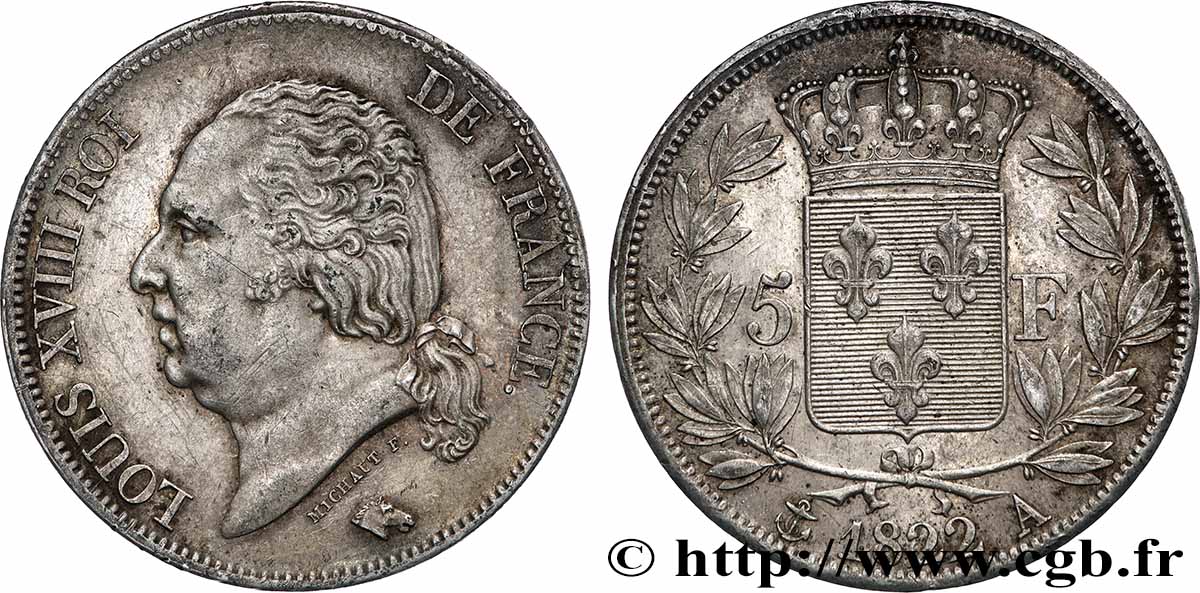 5 francs Louis XVIII, tête nue 1822 Paris F.309/68 TTB+ 