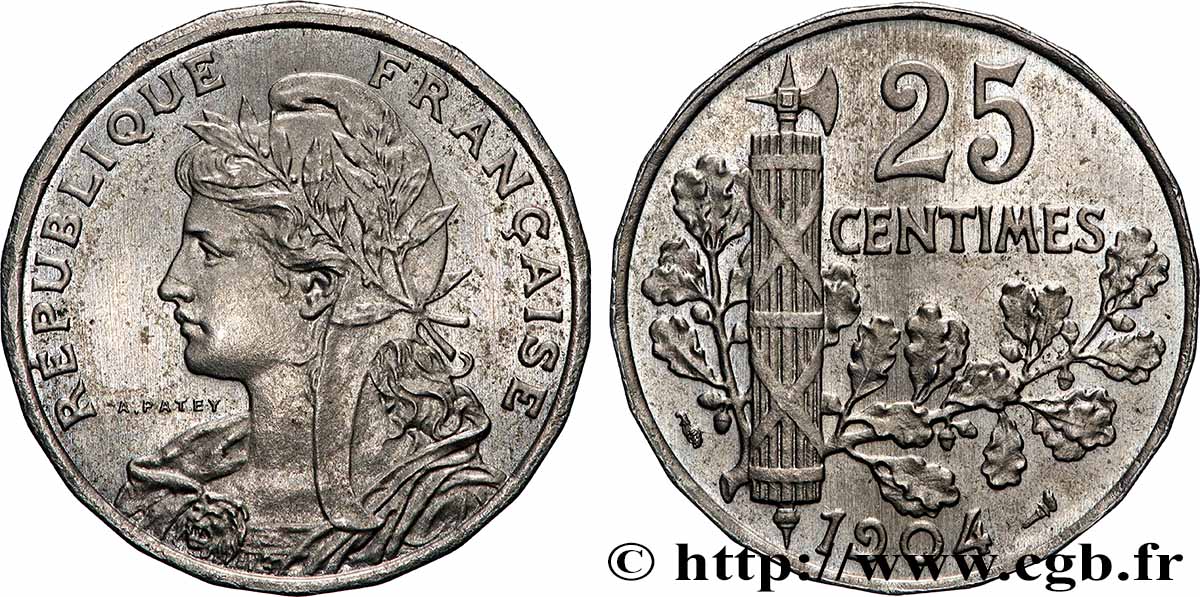 Piéfort de 25 centimes Patey, 2e type à 22 pans, sans le mot ESSAI 1904  GEM.62 P1 MS 