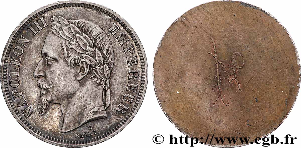 Épreuve uniface bronze argenté de l’avers de 2 francs Napoléon III, tête laurée  n.d. Paris Maz.1657 a avers MS 