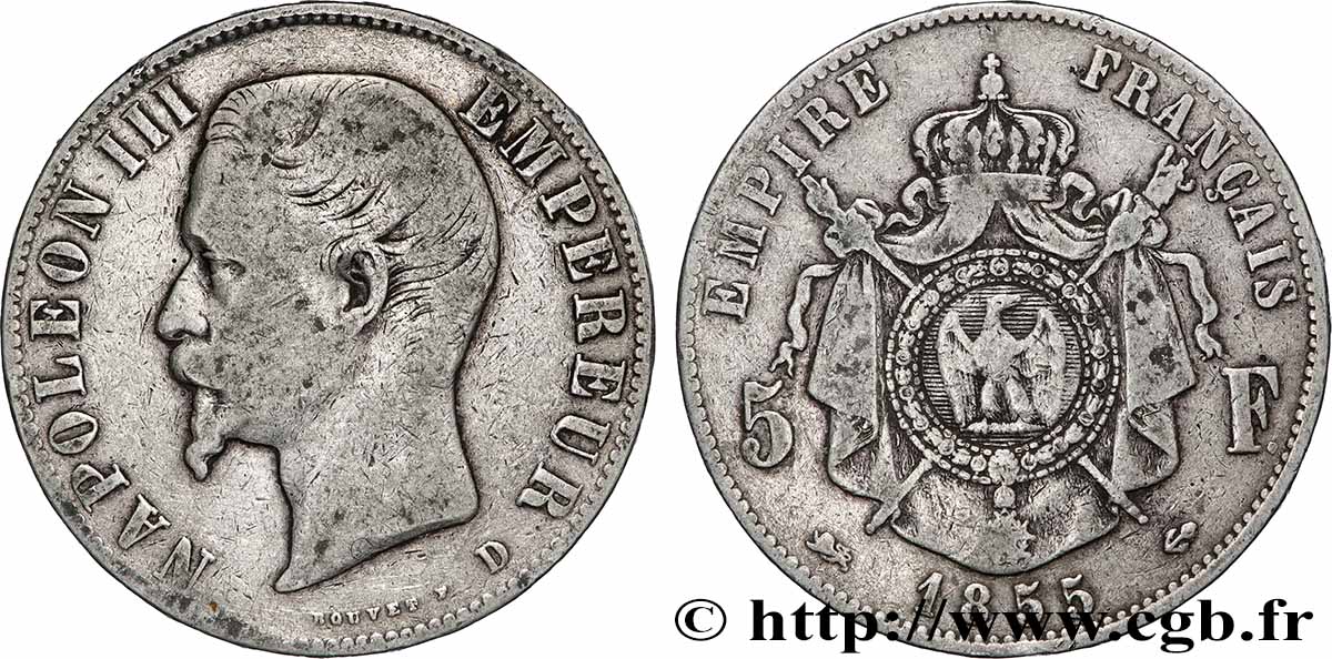5 francs Napoléon III, tête nue 1855 Lyon F.330/5 S 