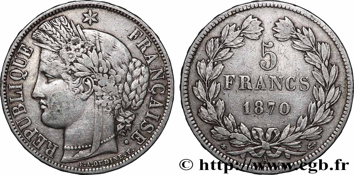 5 francs Cérès, sans légende 1870 Paris F.332/1 fSS 