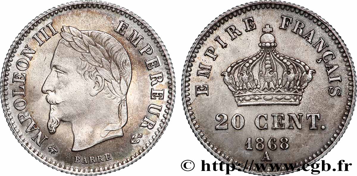 20 centimes Napoléon III, tête laurée, grand module 1868 Paris F.150/4 VZ+ 