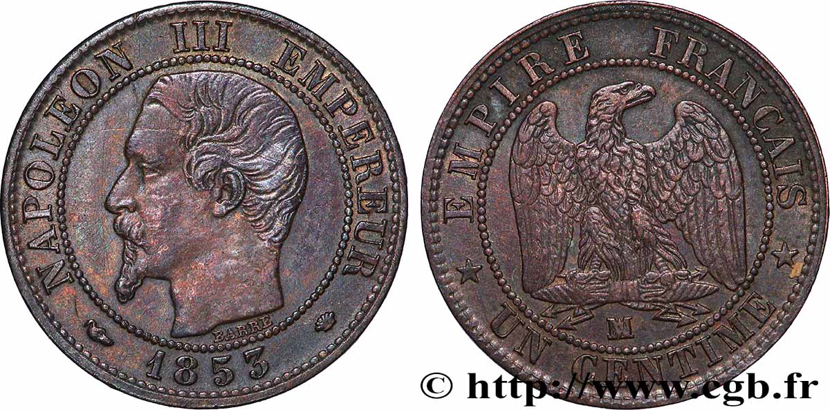 Un centime Napoléon III, tête nue 1853 Marseille F.102/7 SUP 