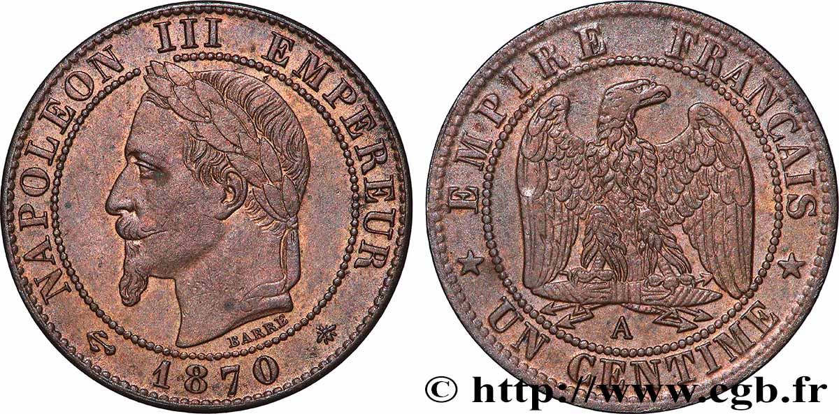 Un centime Napoléon III, tête laurée 1870 Paris F.103/8 MS60 