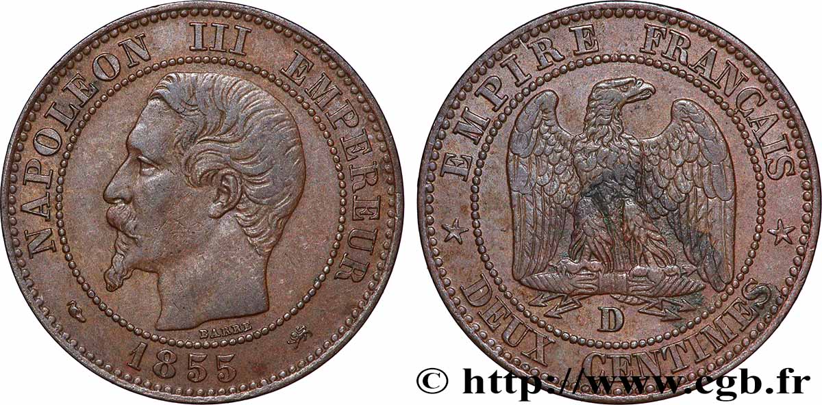 Deux centimes Napoléon III, tête nue, différent levrette, grand D et petit lion 1855 Lyon F.107/26 TTB 