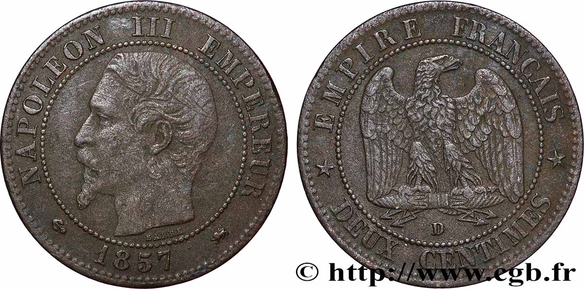 Deux centimes Napoléon III, tête nue, petit D et petit lion 1857 Lyon F.107/48 TB 