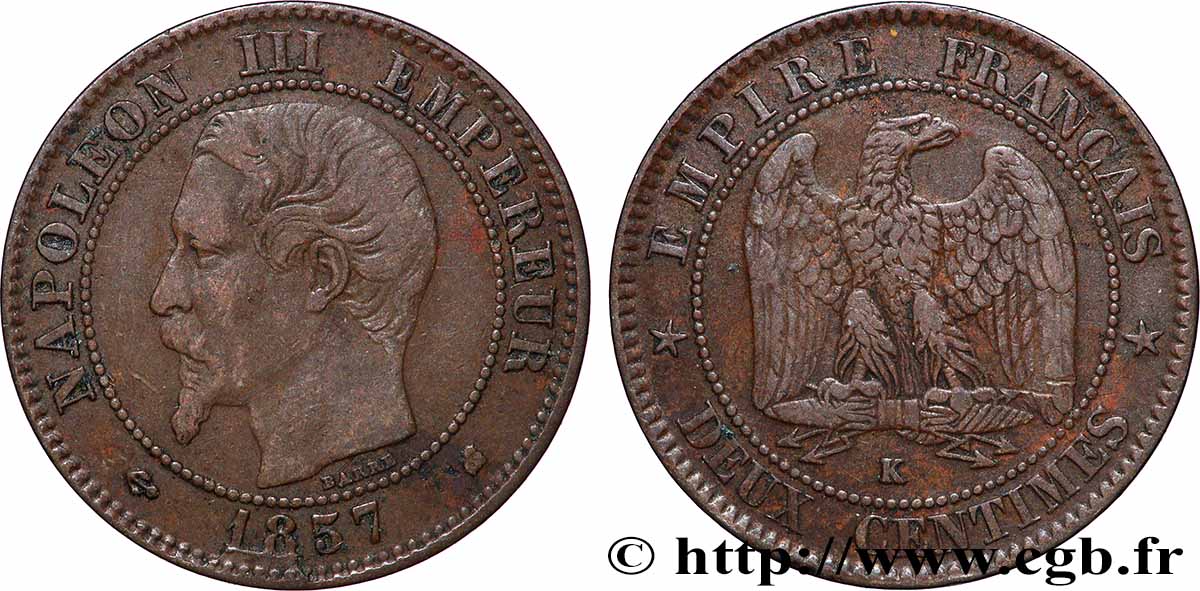 Deux centimes Napoléon III, tête nue 1857 Bordeaux F.107/49 VF 