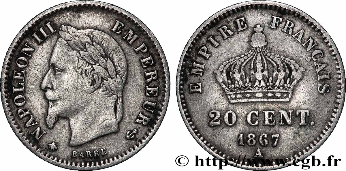 20 centimes Napoléon III, tête laurée, grand module 1867 Paris F.150/1 VF 