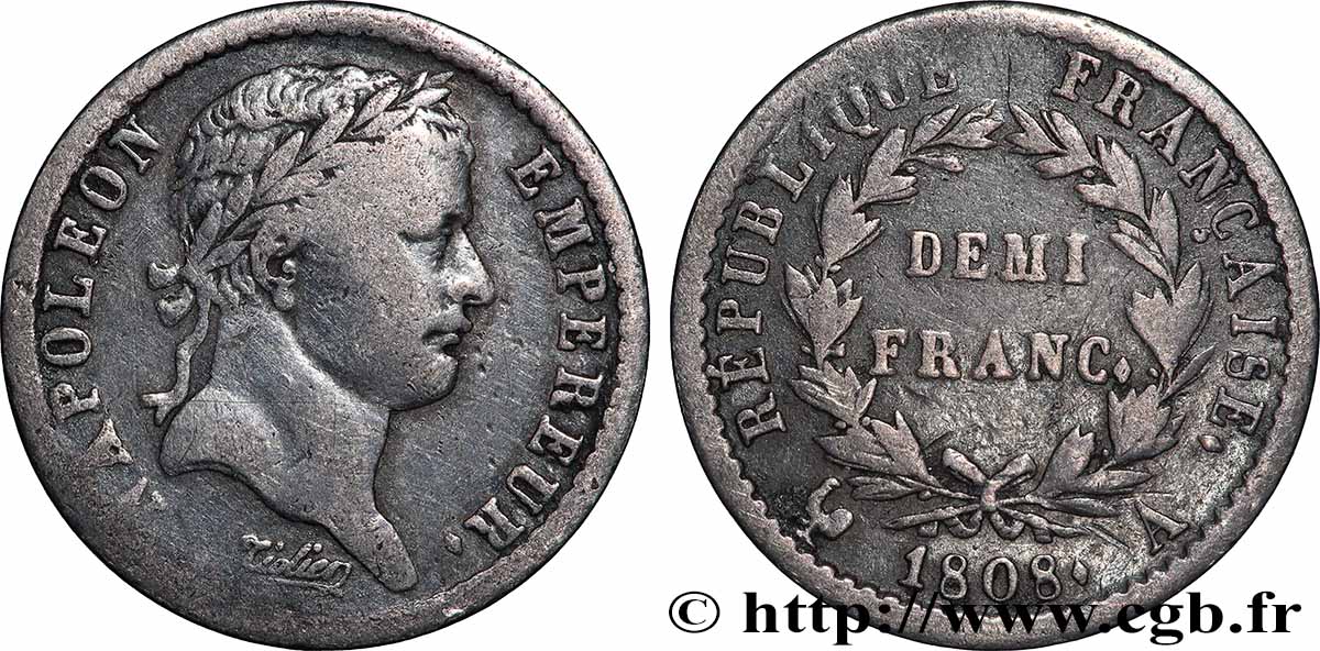 Demi-franc Napoléon Ier tête laurée, République française 1808 Paris F.177/2 TB 
