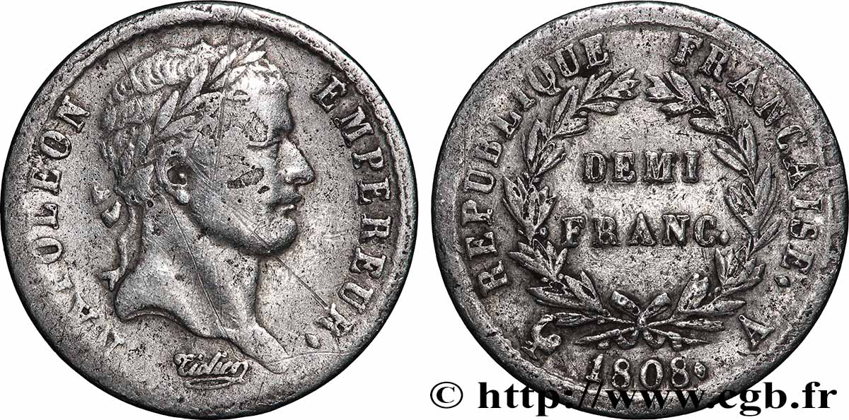 Demi-franc Napoléon Ier tête laurée, République française 1808 Paris F.177/2 TB 