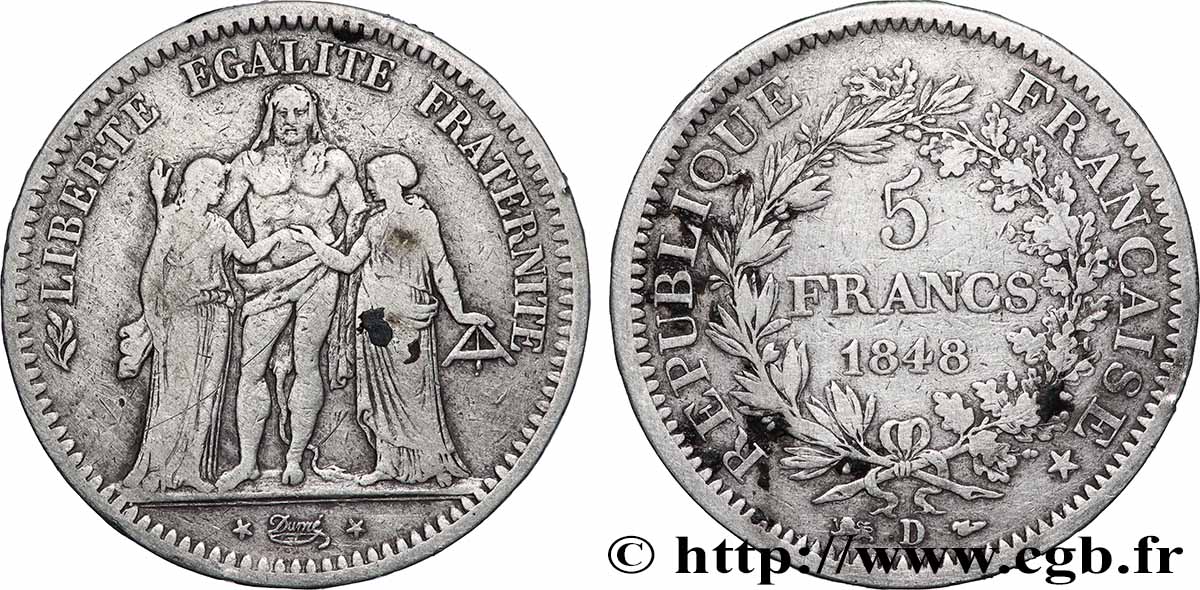 5 francs Hercule, IIe République 1848  Lyon F.326/3 VF 
