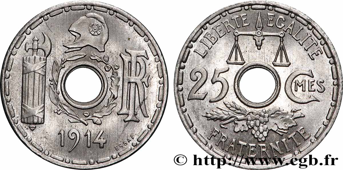 Essai de 25 centimes par Becker, grand module 1914 Paris GEM.67 5 var. SUP62 