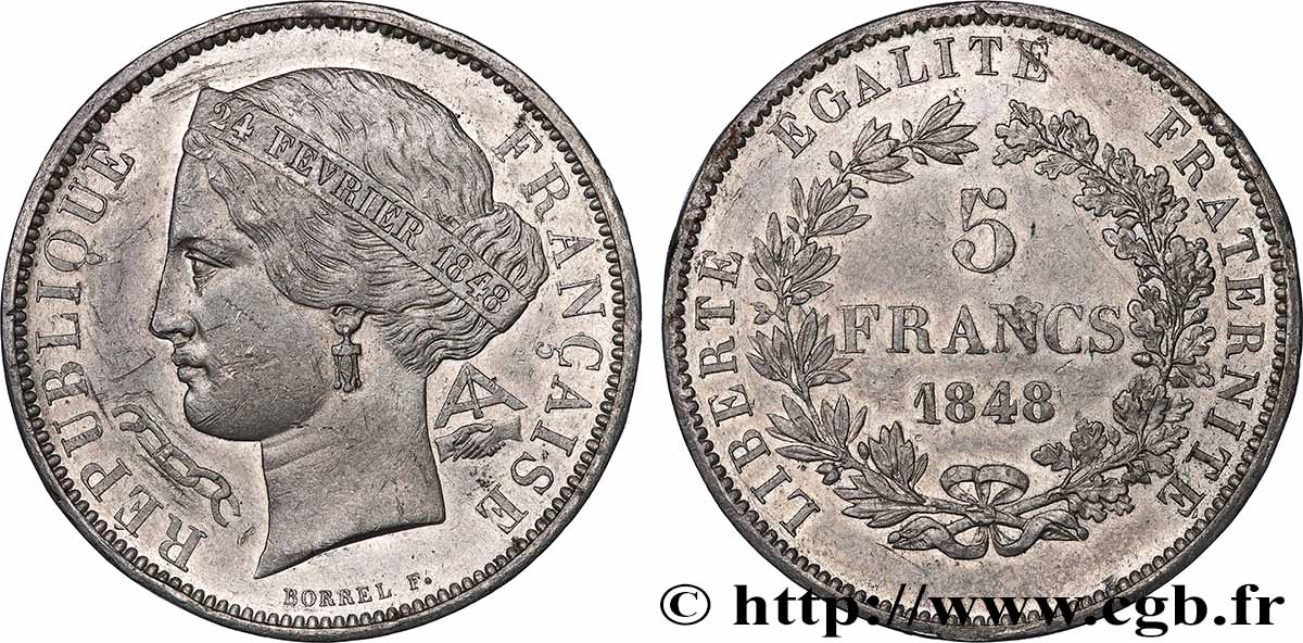 Concours de 5 francs, essai en étain par Borrel 1848 Paris VG.3063 var. AU 