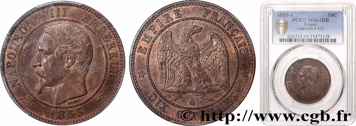 Dix centimes Napoléon III, tête nue 1853 Paris F.133/2 SPL64 PCGS