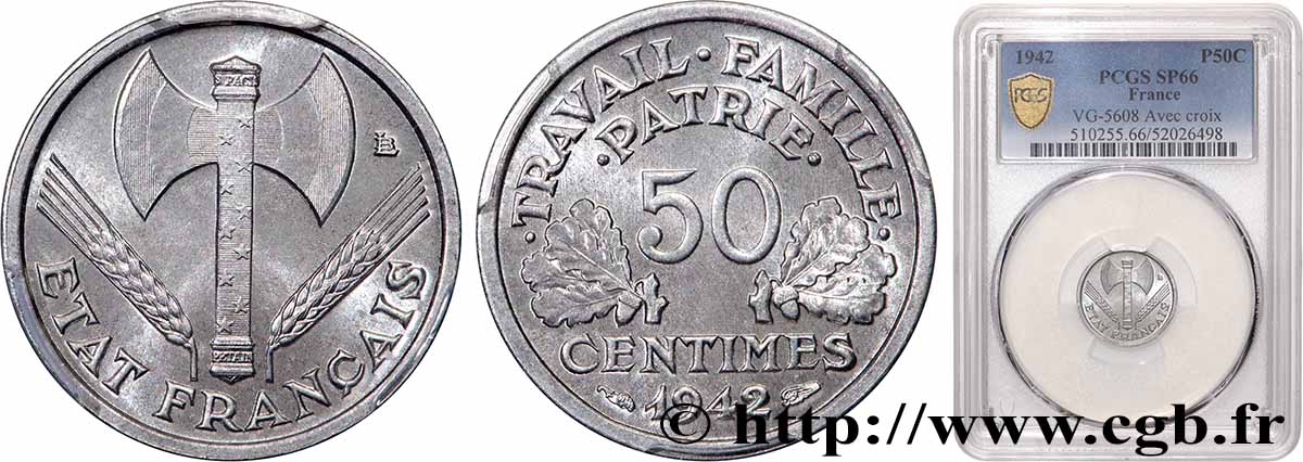 50 centimes Francisque, lourde, premiers exemplaires avec les CROIX 1942 Paris F.195/2 FDC66 PCGS