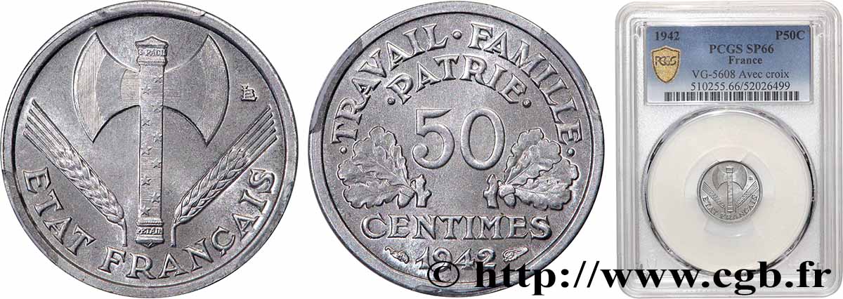 50 centimes Francisque, lourde, premiers exemplaires avec les CROIX 1942 Paris F.195/2 FDC66 PCGS