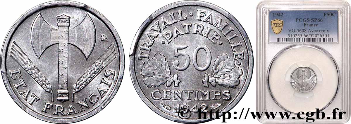 50 centimes Francisque, lourde, premiers exemplaires avec les CROIX 1942 Paris F.195/2 FDC66 PCGS