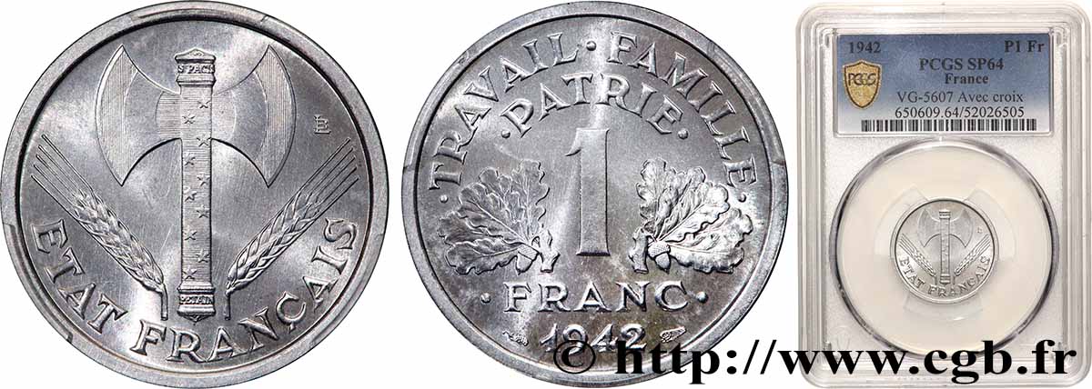1 franc Francisque, lourde, avec les croix 1942 Paris F.222/2 SPL64 PCGS