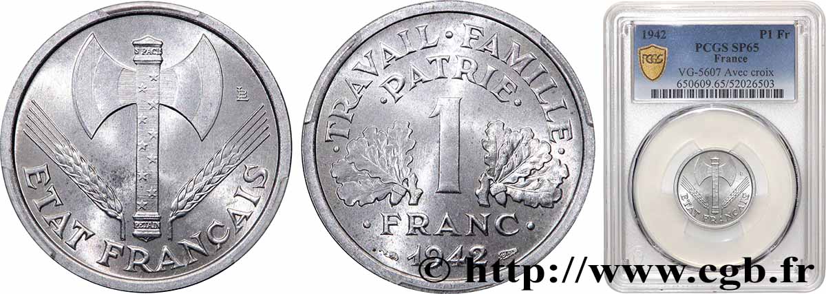 1 franc Francisque, lourde, avec les croix 1942 Paris F.222/2 FDC65 PCGS