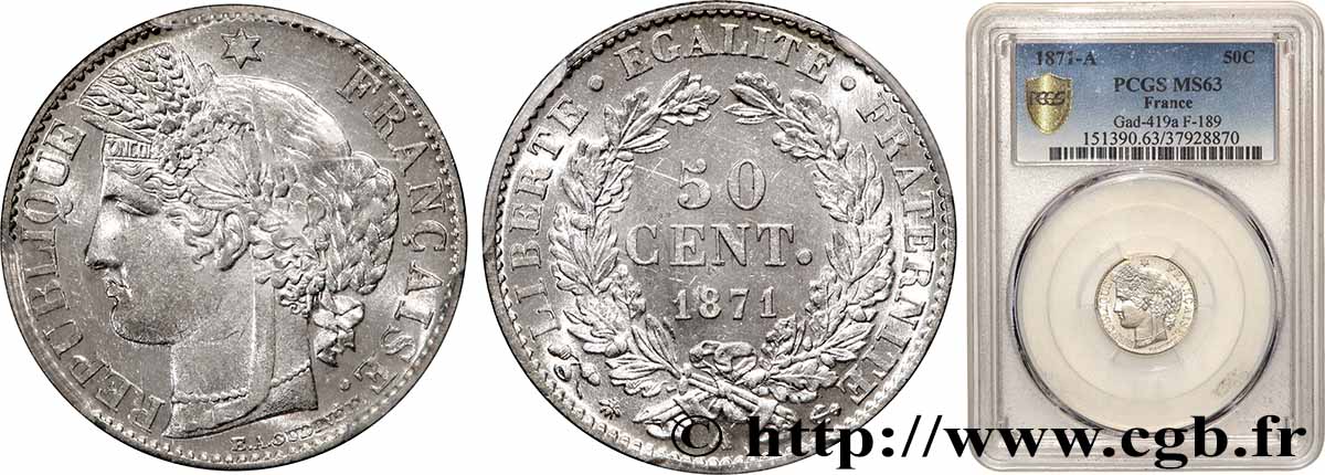 50 centimes Cérès, Troisième République 1871 Paris F.189/1 fST63 PCGS