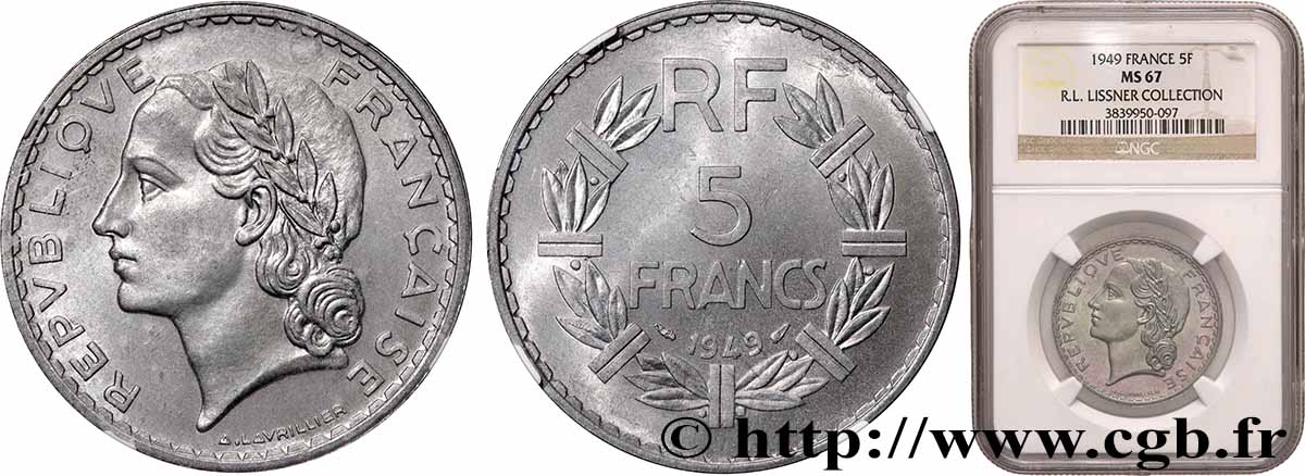 5 francs Lavrillier, aluminium 1949  F.339/17 FDC67 NGC