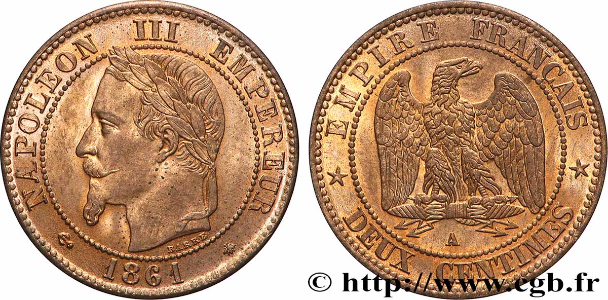 Deux centimes Napoléon III, tête laurée 1861 Paris F.108A/1 SPL63 