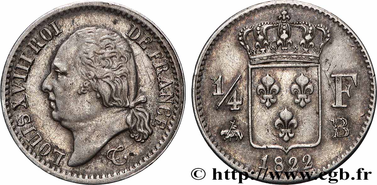 1/4 franc Louis XVIII 1822 Rouen F.163/22 TTB+ 