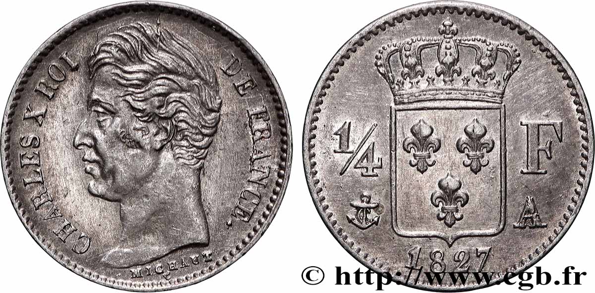 1/4 franc Charles X 1827 Paris F.164/10 TTB+ 