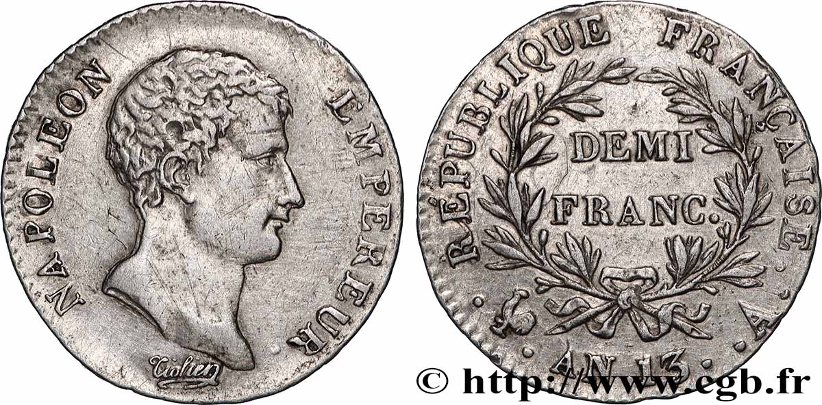 Demi-franc Napoléon Empereur, Calendrier révolutionnaire 1805 Paris F.174/10 VF 