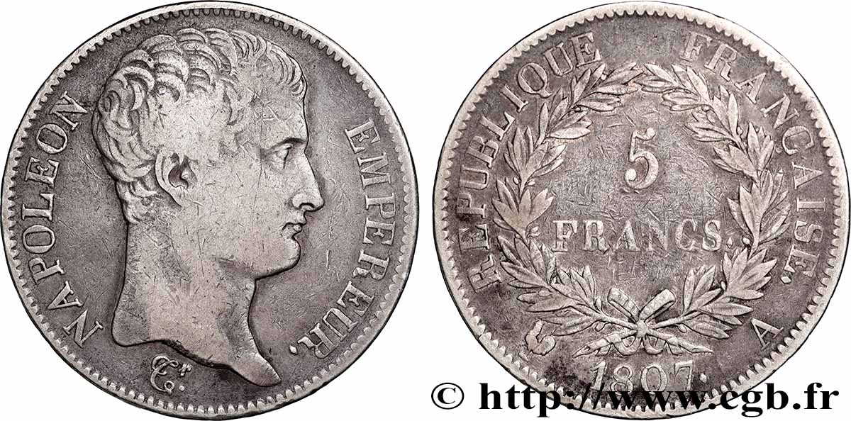 5 francs Napoléon Empereur, type transitoire 1807 Paris F.305/1 TB 