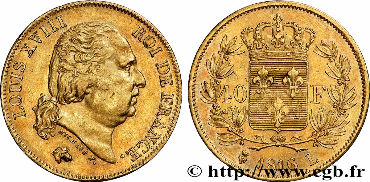 40 francs or Louis XVIII 1816 Bayonne F.542/3 TTB+ 