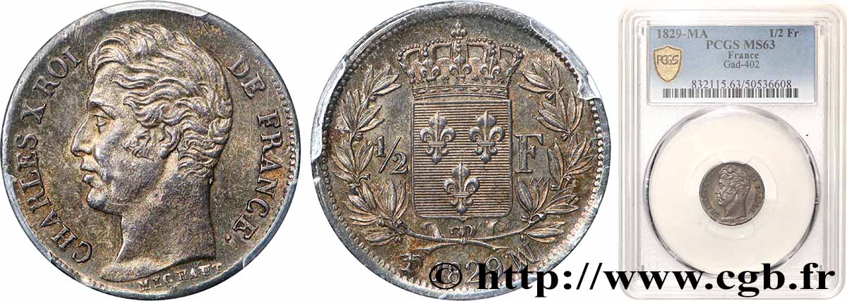 1/2 franc Charles X 1829 Marseille F.180/46 SPL63 PCGS