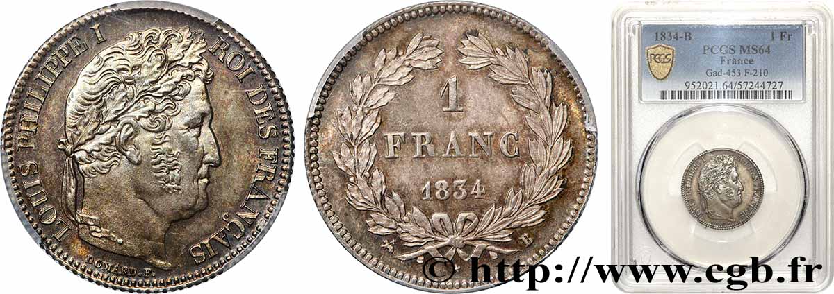1 franc Louis-Philippe, couronne de chêne 1834 Rouen F.210/28 SPL64 PCGS