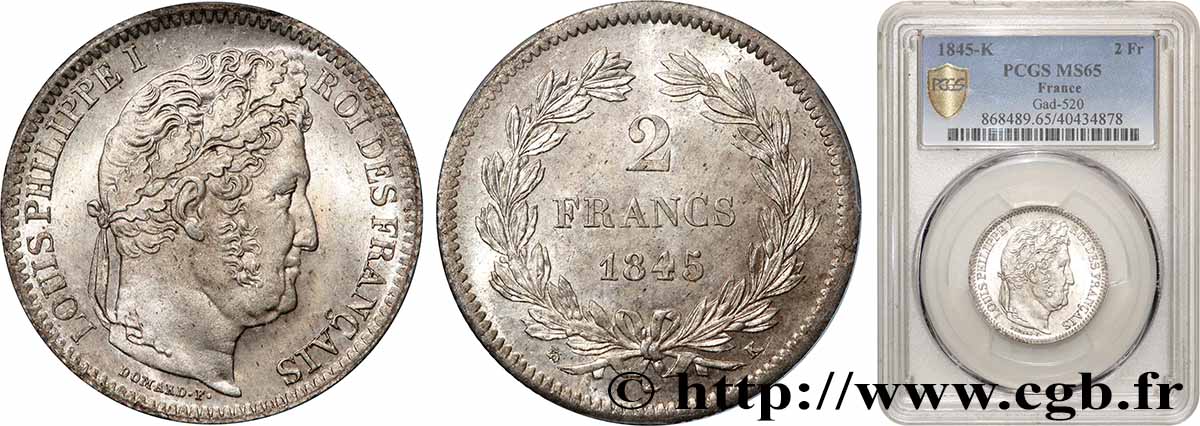 2 francs Louis-Philippe 1845 Bordeaux F.260/106 FDC65 PCGS
