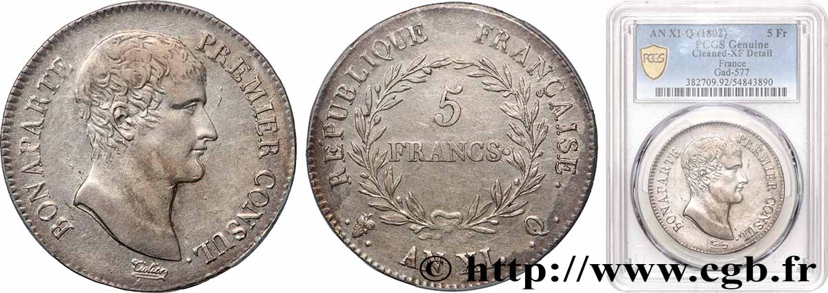 5 francs Bonaparte Premier Consul 1803 Perpignan F.301/7 TTB PCGS